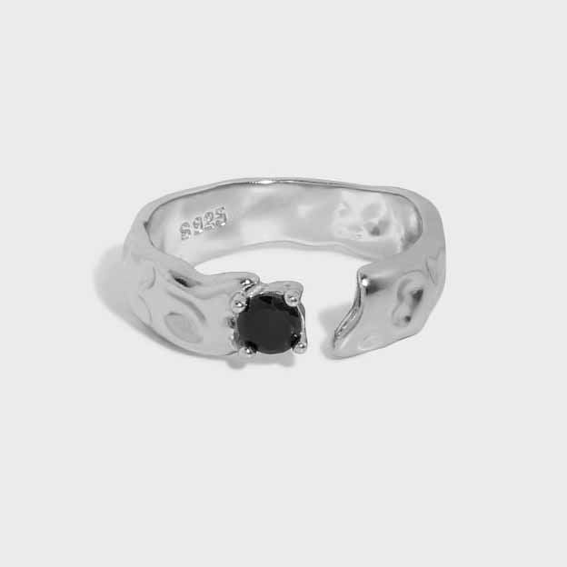 Schwarzer CZ Ring 925 Sterling Silber unregelmäßig verstellbar
