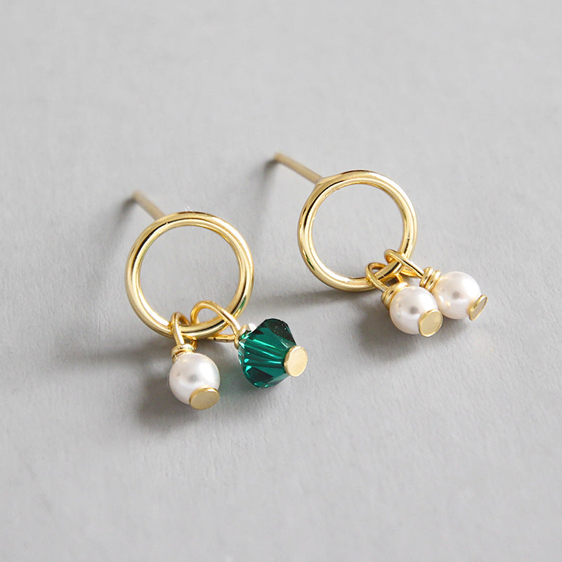 Asymmetry Shell Pearls Green CZ 925 Sterling Silver Stud Earrings - SterlingSilberSchmuck