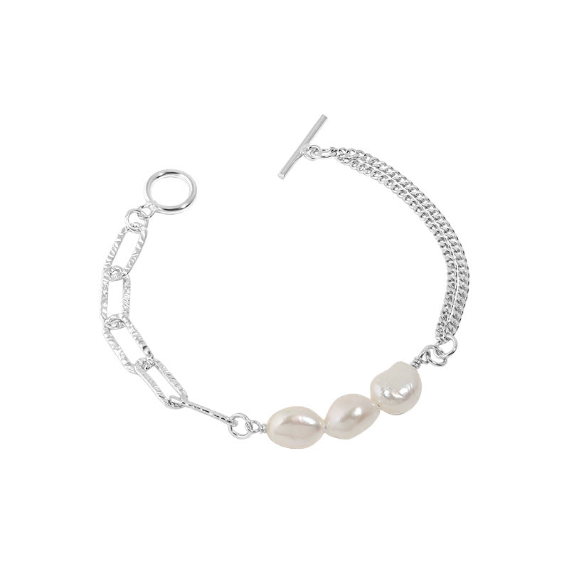 Asymmetry Hollow Chain Baroque Natural Pearl 925 Sterling Silver Bracelet - SterlingSilberSchmuck