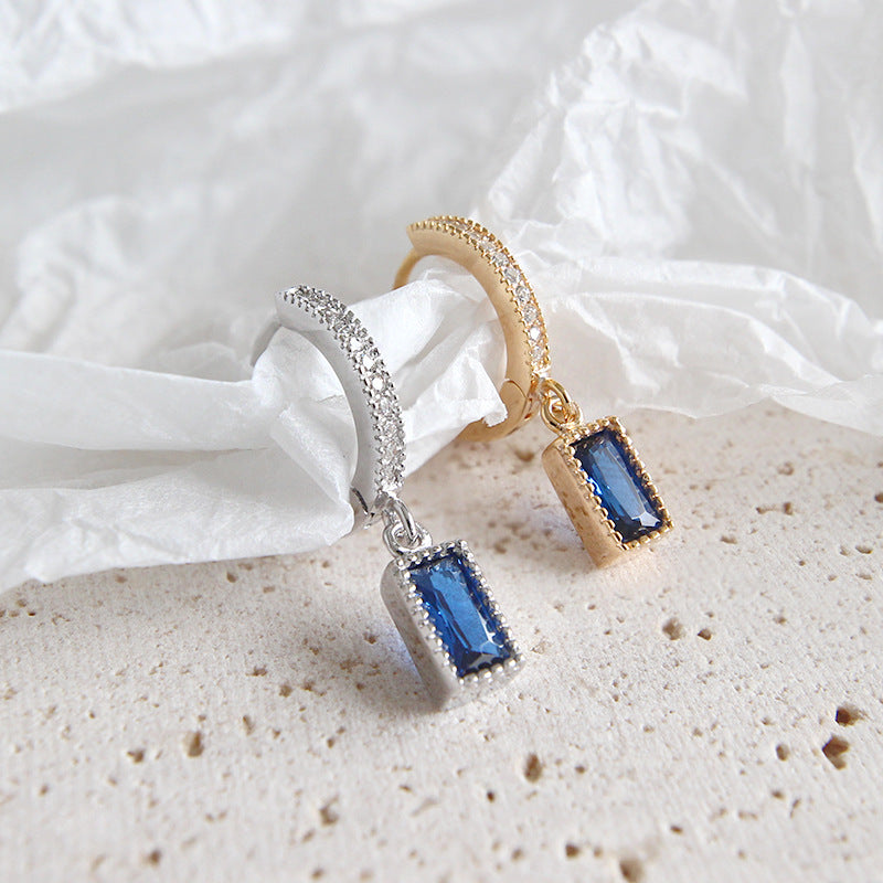 Geometry Blue CZ Rectangle 925 Silver Dangling Earrings (Single Piece) - SterlingSilberSchmuck