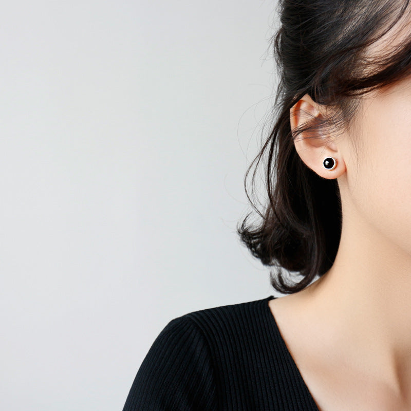 Simple Round Natural Agate 925 Sterling Silver Stud Earrings - SterlingSilberSchmuck